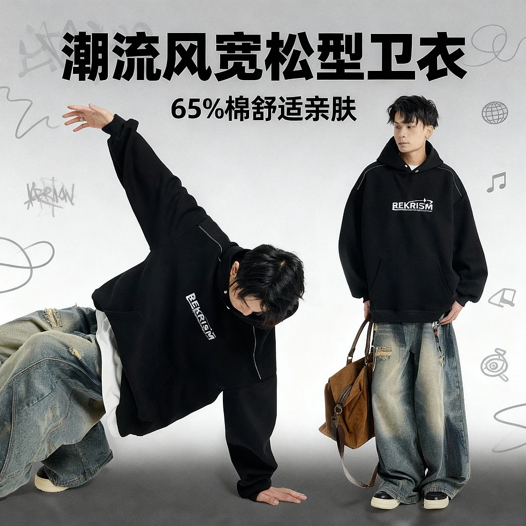 秋冬加绒加厚字母刺绣卫衣男高街连帽拉链设计外套重上衣