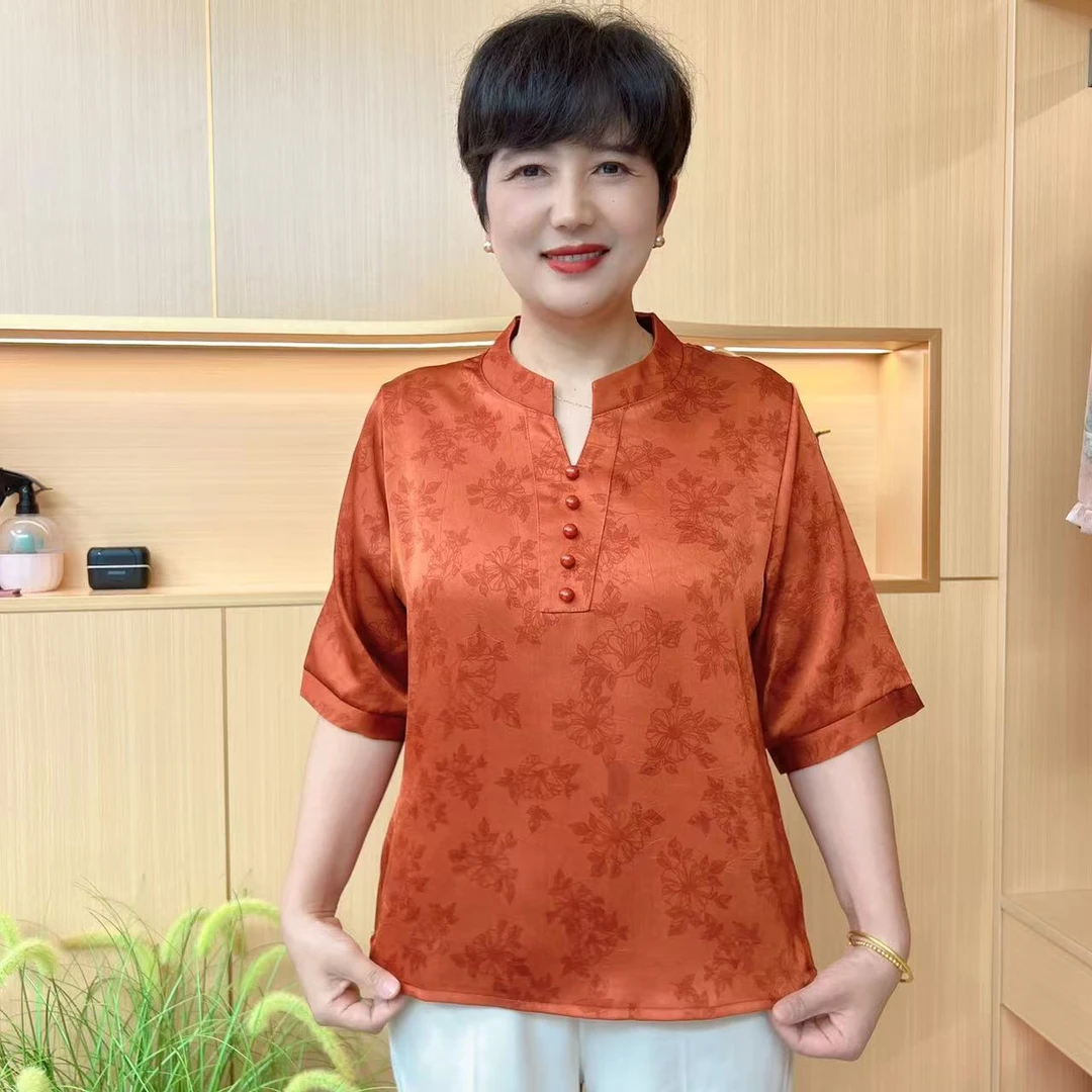 中老年妈妈夏季薄款V领短袖T恤大码宽松时尚百搭妈妈上衣