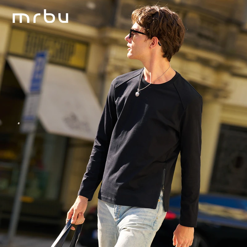Mr.Bu布先生纯棉长袖T恤衫下摆拉链开衩秋冬圆领男打底衫KT16562