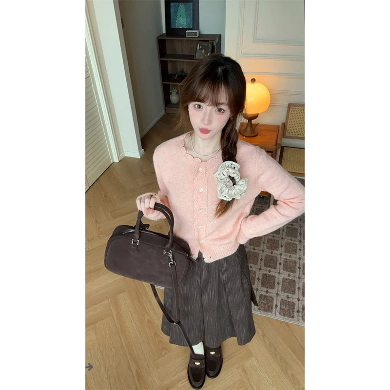 甜美温柔粉色上衣花边拼接短款针织开衫女条纹咖色百褶裙半身裙