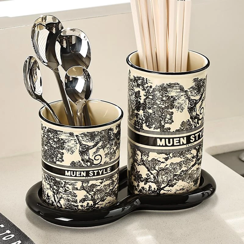 水墨风筷子筒家用厨房台面沥水陶瓷勺子筷子创意复古收纳筒瓷筷