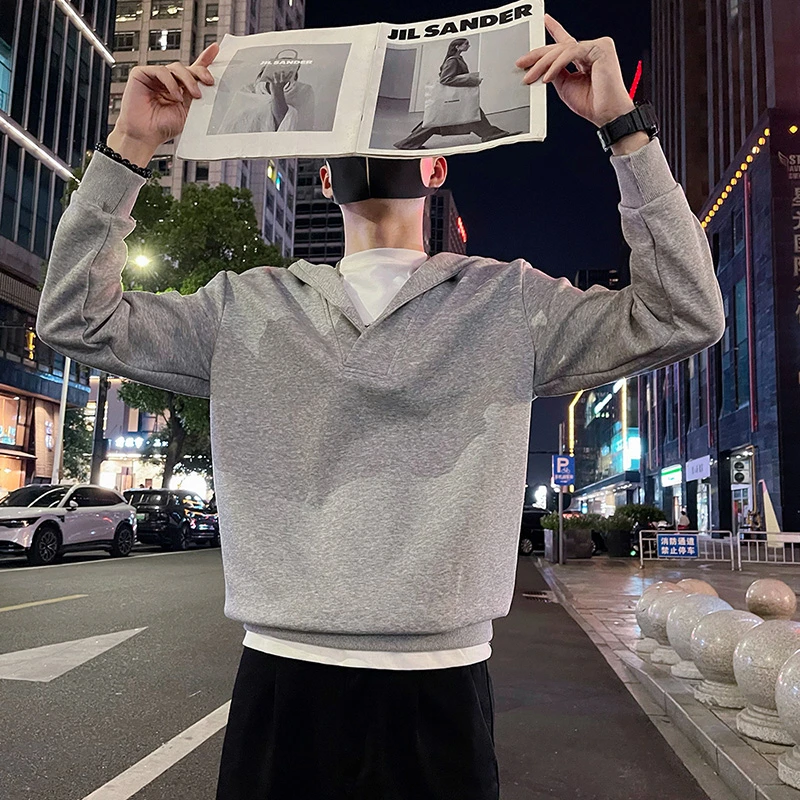 拼接假两件连帽卫衣男款春秋季潮牌男装撞色上衣2025新款长袖体恤