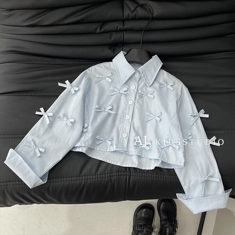Q【现货】阿卷春秋装韩版儿童气质款立体蝴蝶结翻领短款衬衫MPG5812