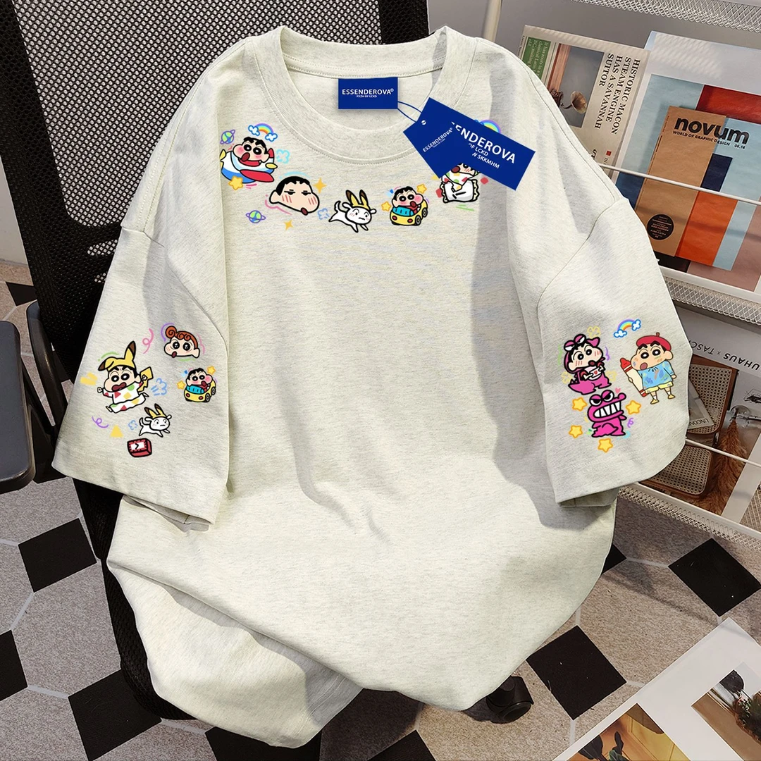 100%纯棉2025新款趣味蜡笔小新印花圆领女短袖t恤夏季宽松上衣ins