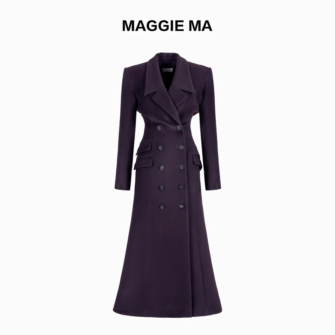 MAGGIE MA马婧设计师款复古优雅翻领收腰修身长款毛呢大衣601C