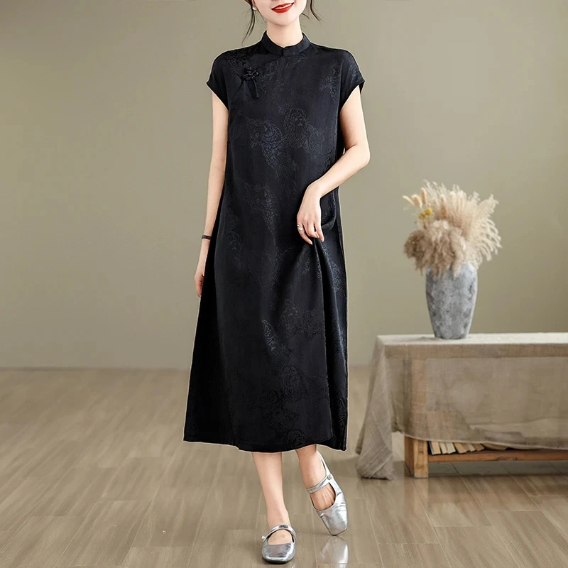 2530#夏季新中式提花盘扣黑色旗袍裙女中长款宽松气质显瘦连衣裙