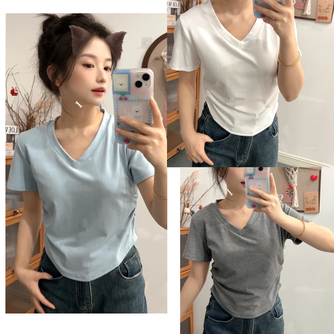 小个子V领显瘦捏褶设计小体恤819