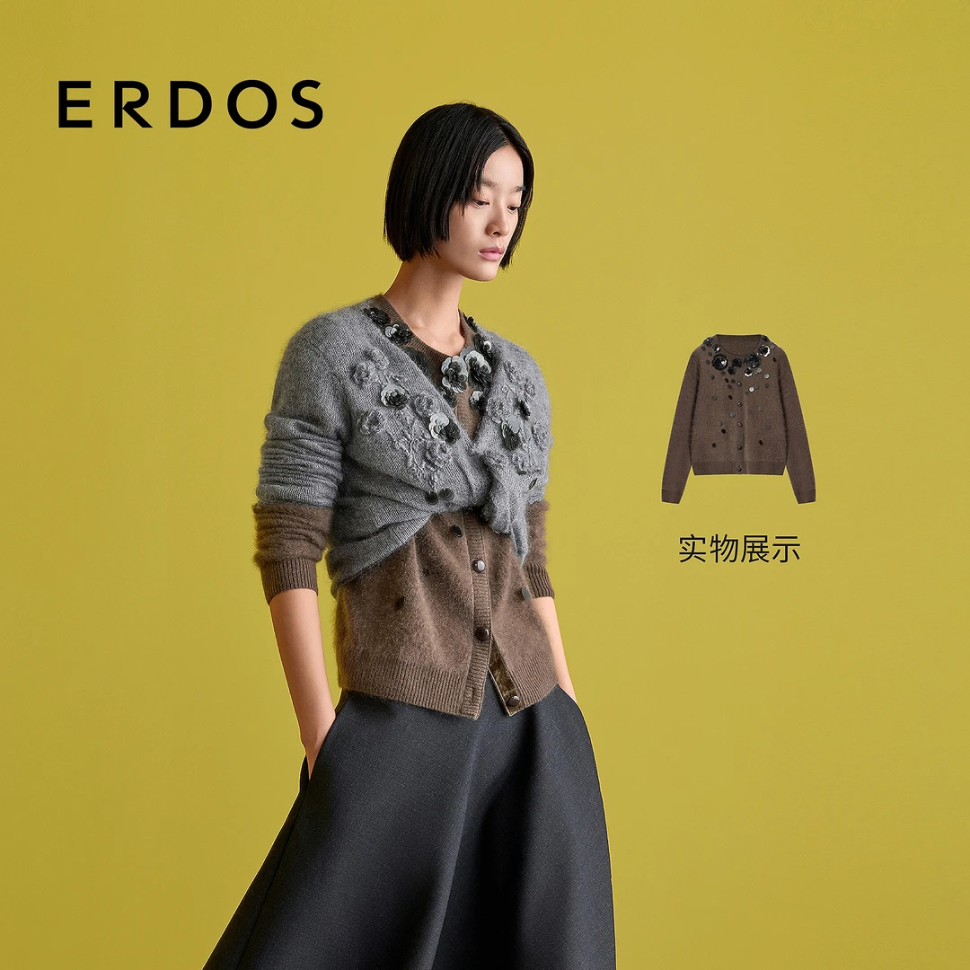ERDOS 圆领女士羊绒衫25年早秋新品亮片花朵装饰蓬松拉绒优雅开衫