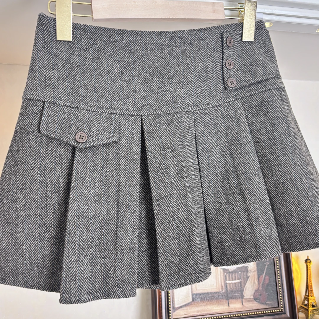 甜辣复古格纹A字高腰百褶半身裙秋冬显瘦短裙防走光