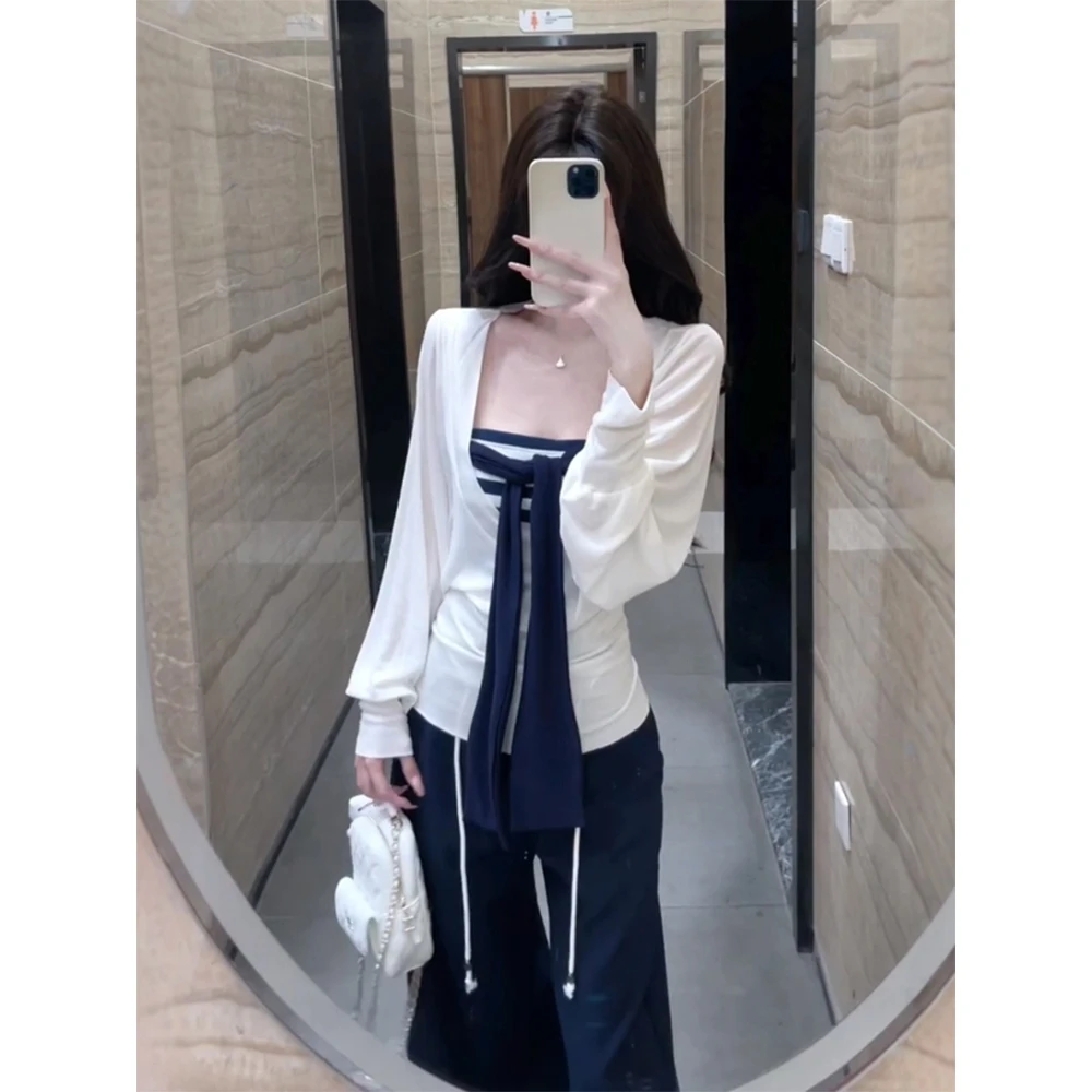 6-8运补早秋韩系慵懒风两件套女飘带抹胸背心+白色长袖罩衫套装