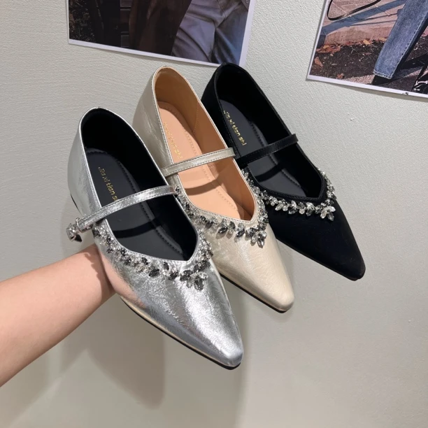 时尚尖头透气增高内增高单鞋法式高跟平底水钻