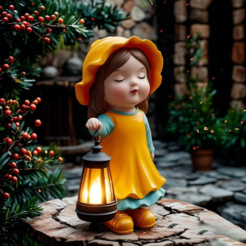 户外花园庭院手工美式乡村帽子精灵女孩提灯人物装饰品摆件太阳能