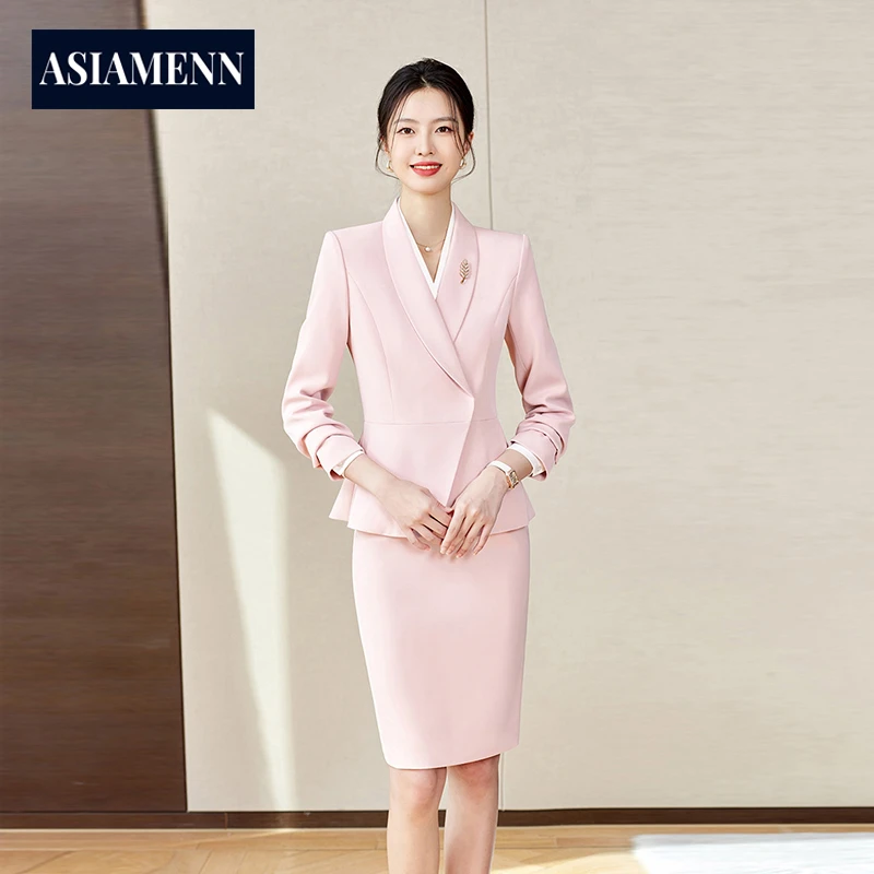 高端优雅修身西装裙套装女秋季新款气质粉色职场正装美业演讲工装