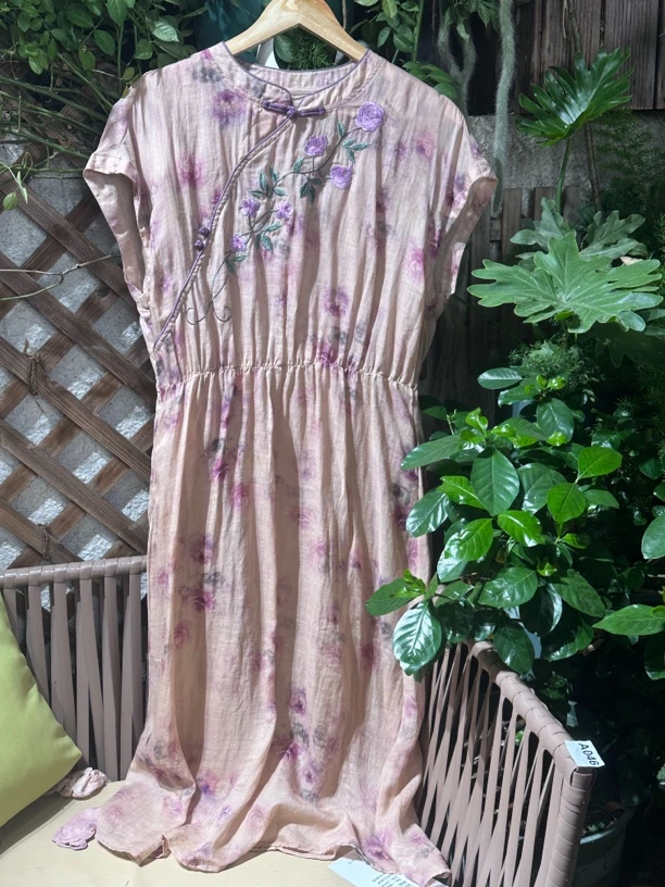 苎麻连衣裙麻印新款收腰显瘦文艺甜美旗袍款连衣裙中长刺绣双层