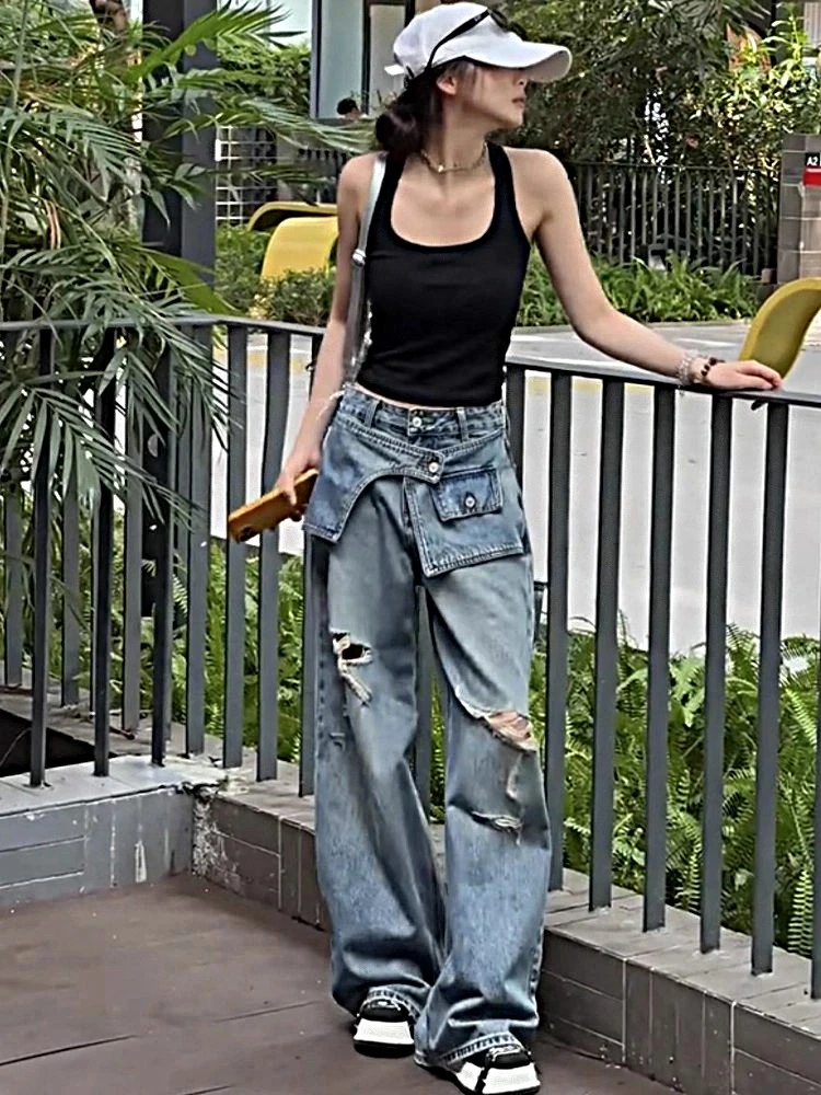 欧货假两件破洞阔腿牛仔裤女夏季屁帘拼接高腰休闲百搭直筒拖地裤