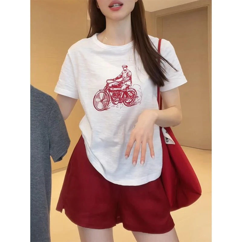 印花白色短袖t恤女2025年夏季新款宽松百搭圆领上衣女士正肩体恤