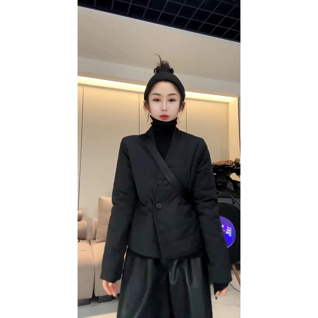 欧货休闲百搭秋冬净版女款收腰V领夹棉外套