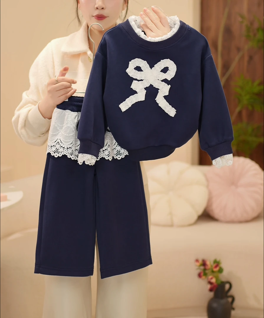 2025春季女童新款纯色洋气套装时尚休闲韩版蝴蝶结蕾丝