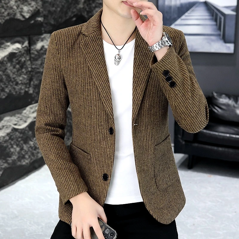 啄木鸟男士潮牌复古西服男秋冬季个性修身单西加绒小西装加厚外套