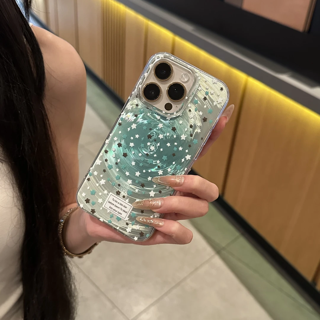 欧克里里薄荷绿小星星适用苹果16旋风手机壳华为P70vivo小米oppo