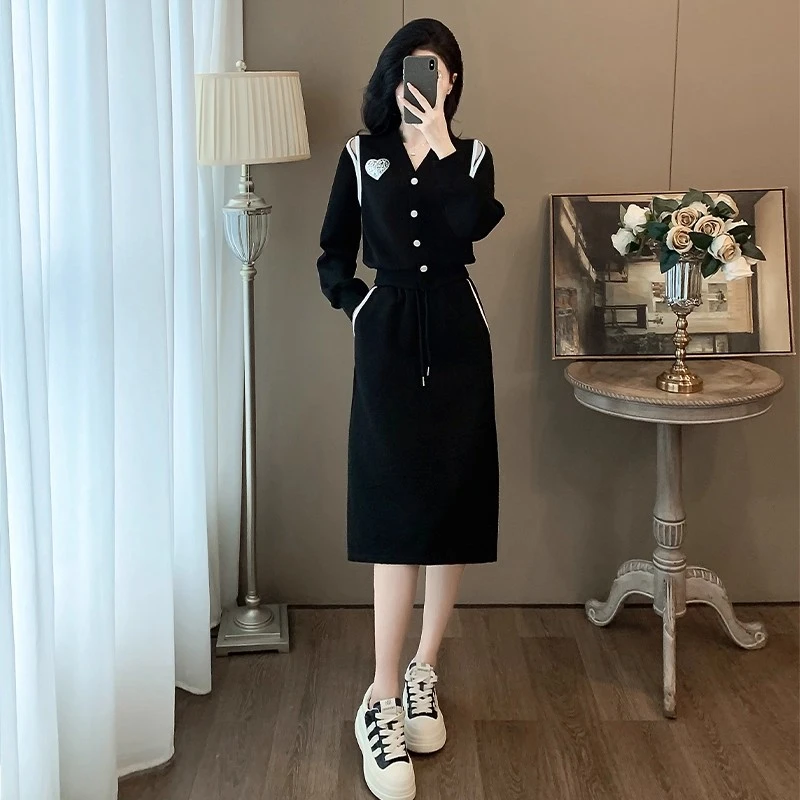 显瘦休闲风时尚套装两件套时尚黑色气质长袖收腰中长款秋冬女装