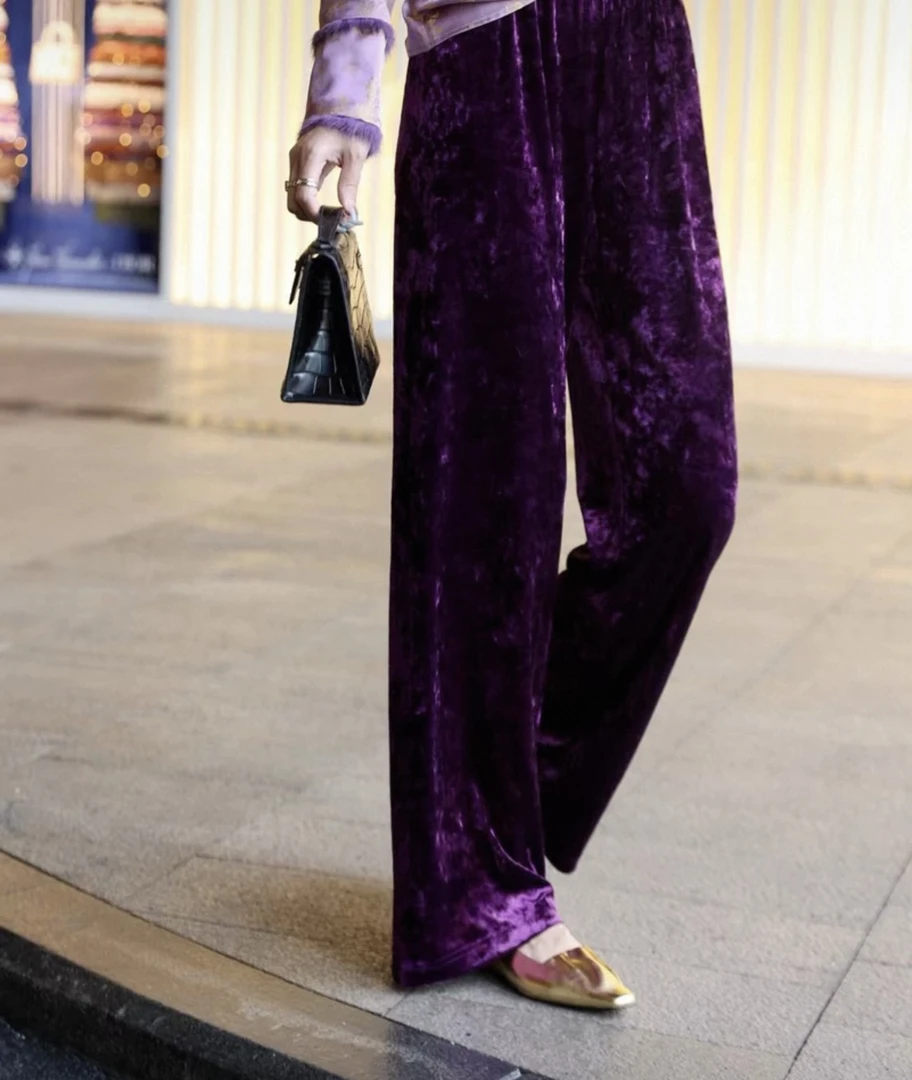 592/垂感拖地休闲宽松钻石绒阔腿裤/欧盼全品