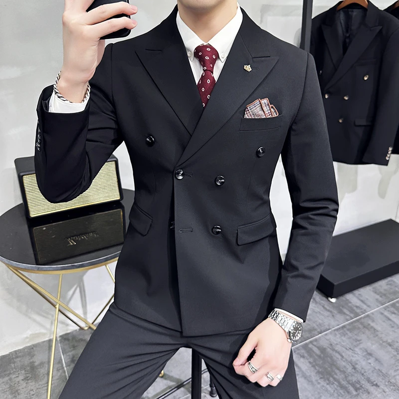 戗驳领双排扣西服男士商务休闲修身正装新郎伴郎结婚西装礼服