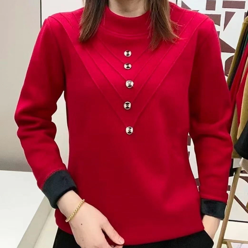 加绒加厚高档打底衫女秋冬大码修身一体绒发热保暖德绒半高领上衣