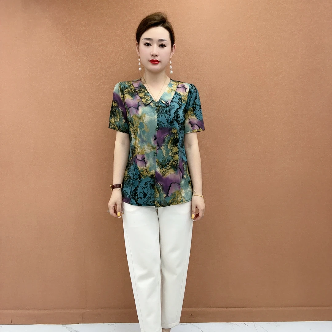 冰丝时尚小衫显瘦气质妈妈装夏季新款洋气减龄百搭短袖中老年女装