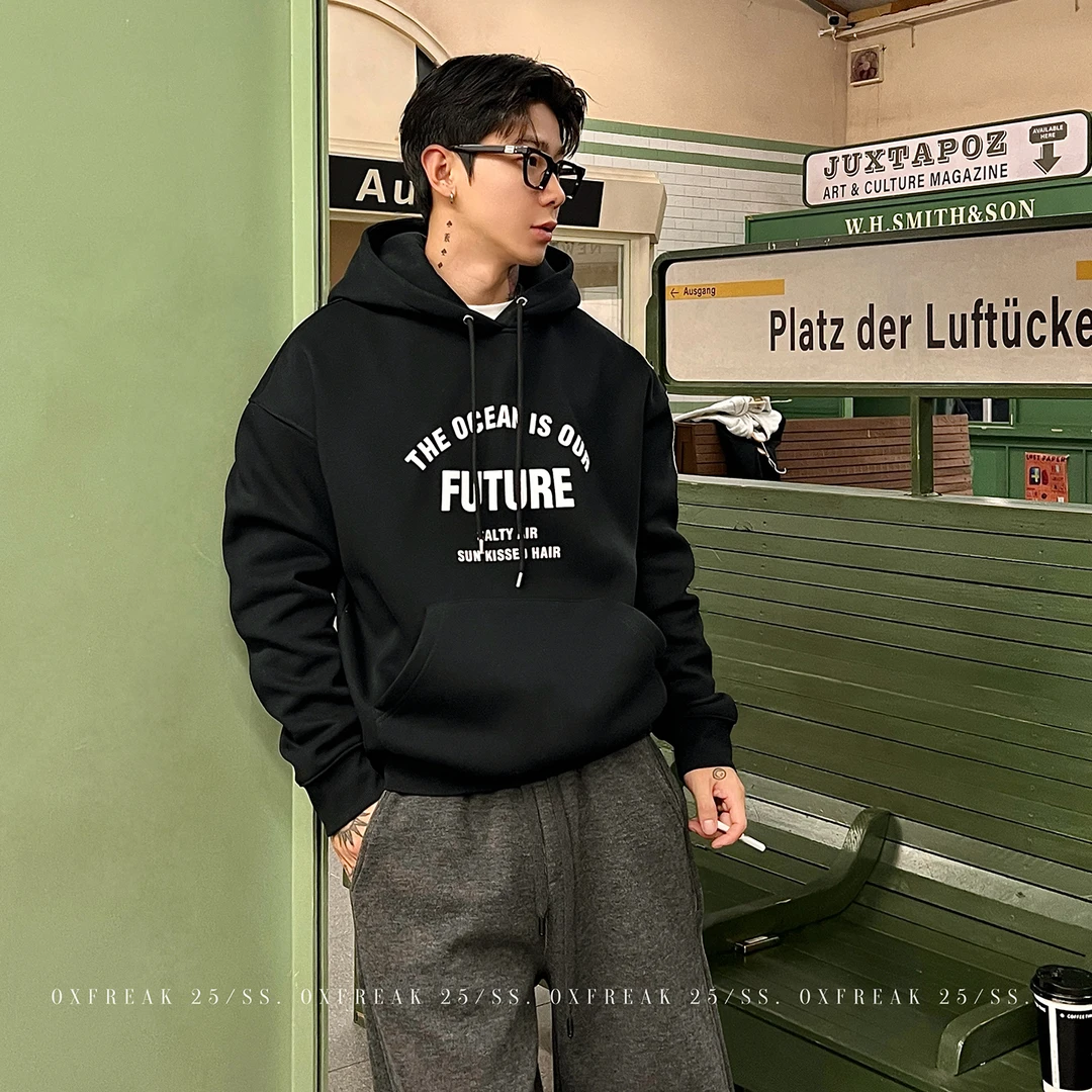 OXFREAK「桥型字母印花」500g重磅美式卫衣男连帽加绒加厚情侣装