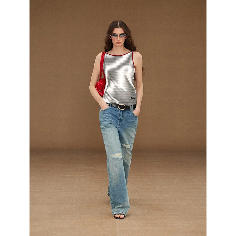 randpickee | random系列-复古星星贴布破洞直筒牛仔裤