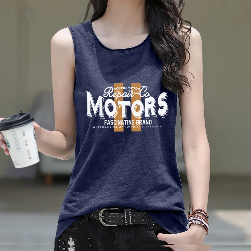 宽松竹节棉纯棉卷边背心女士圆领夏季韩版印花时尚洋气无袖t恤女