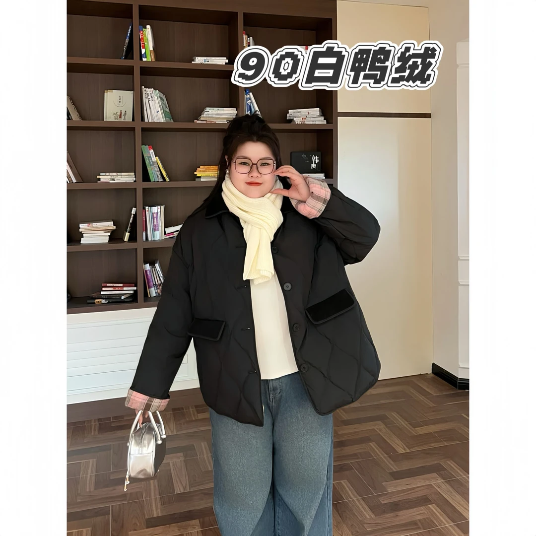 花契“巴黎序章”大码女装冬季200斤胖mm90白鸭绒菱格羽绒服11866-X
