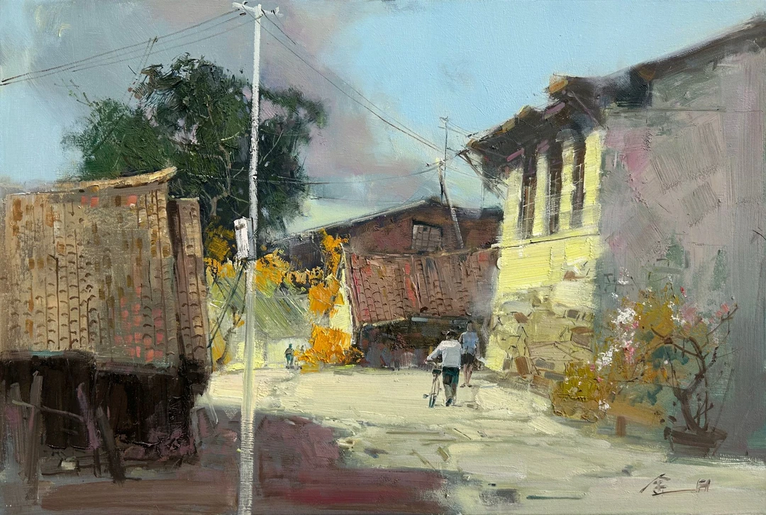 金日油画 原创风景油画收藏《老街时光》画布纯手绘油画 90-60cm