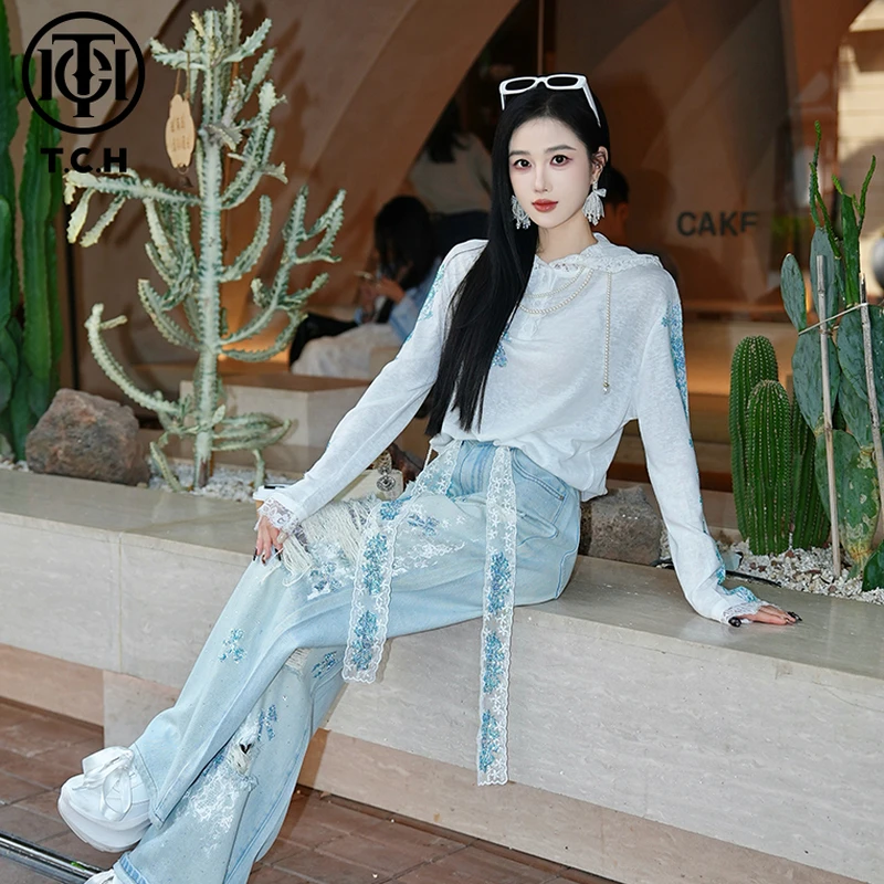 TCH 私服破洞烫钻宽松高腰显瘦牛仔裤女2025春夏新款T75A20E5085