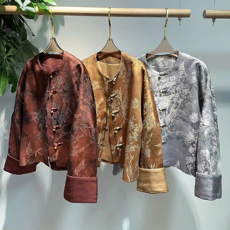 新款宽松蝙蝠袖上衣高领盘扣国风丝质乐绉外套女性好看