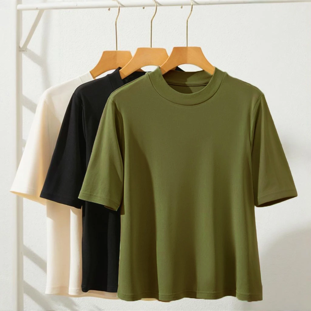 100%桑蚕丝加捻五分袖针织衫纯色圆领半袖真丝T恤女FJ412