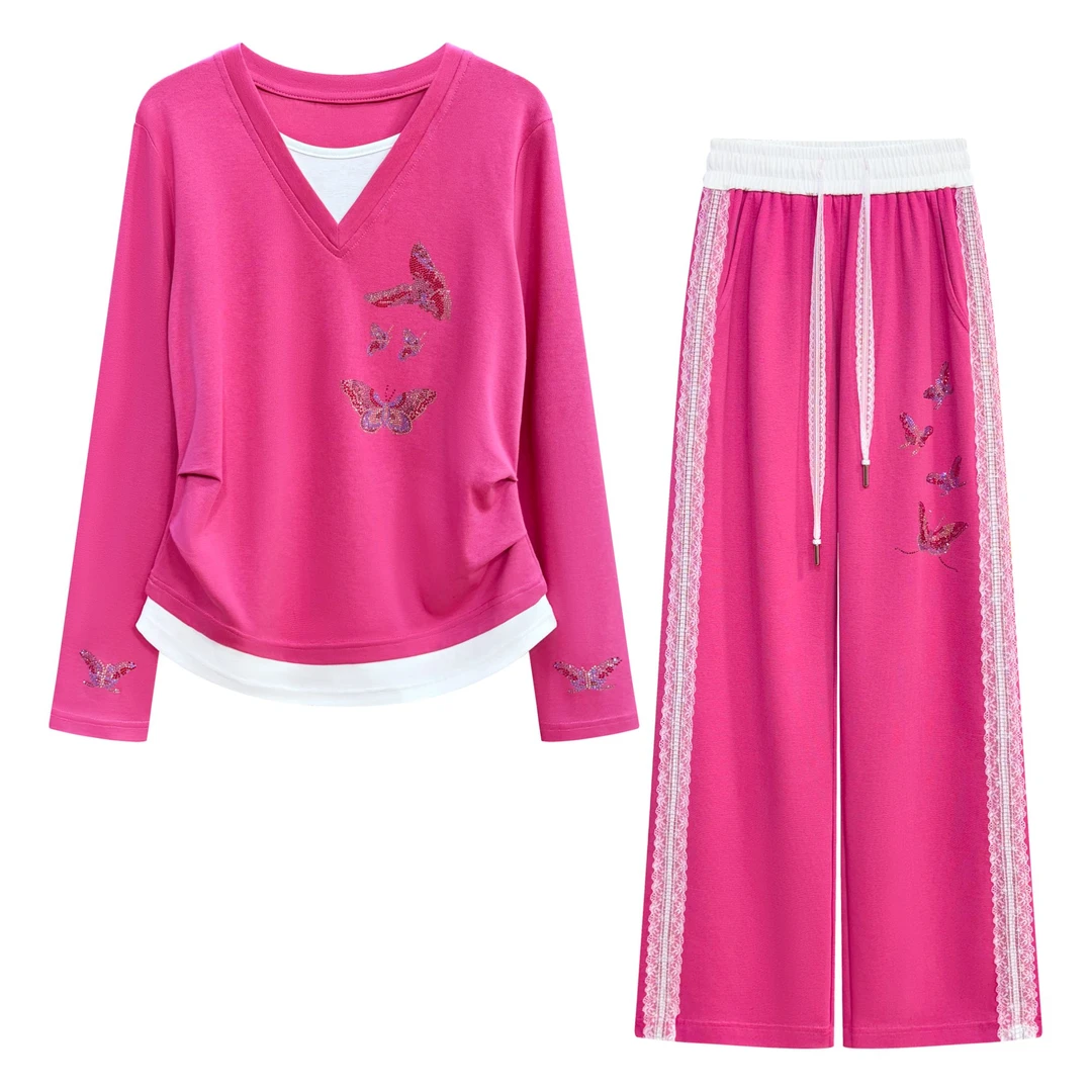 2025春季新款时尚重工印花烫钻粉色休闲减龄百搭套装#6603/6605