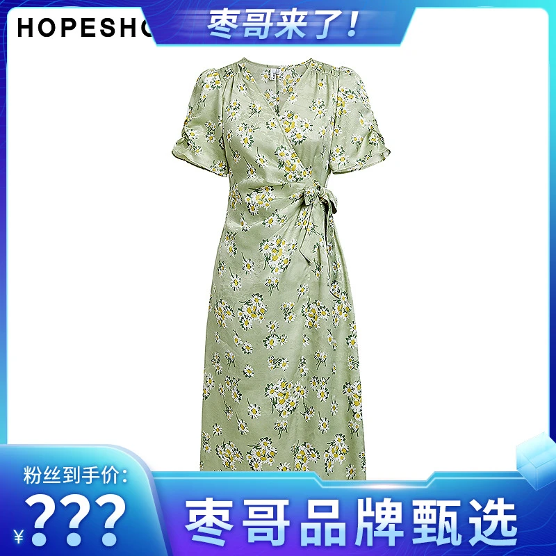 红袖新款女装 印花系带收腰围裹式V领连衣裙89424171641