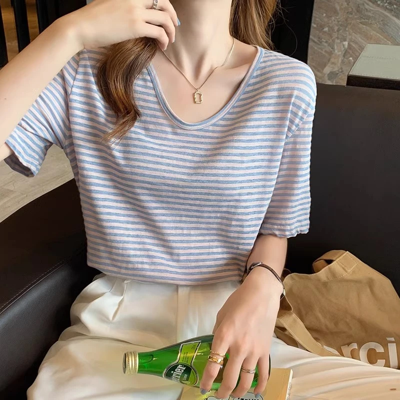 竹节棉t恤女装夏季2025年新款薄款宽松半袖体恤条纹短袖上衣