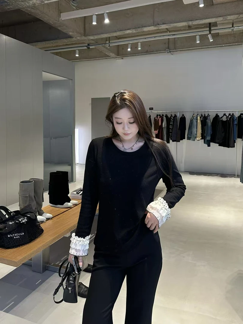 琪琪怪怪大码女装【手稿打底衫】拼接百搭休闲撒银圆领上衣T17896QD