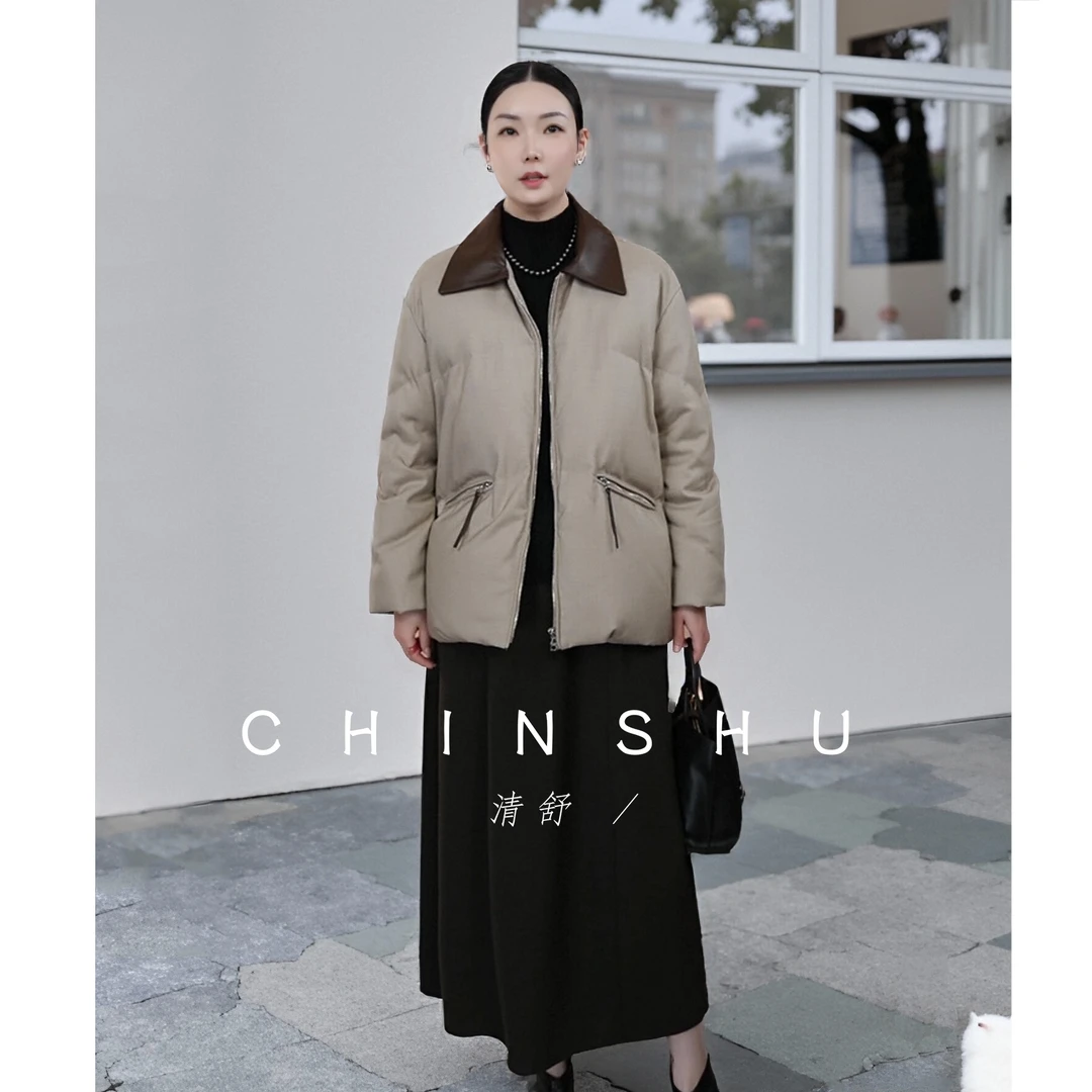 清舒【素界】老钱风90白鹅绒短款羽绒服女翻皮领冬季保暖外套#5091
