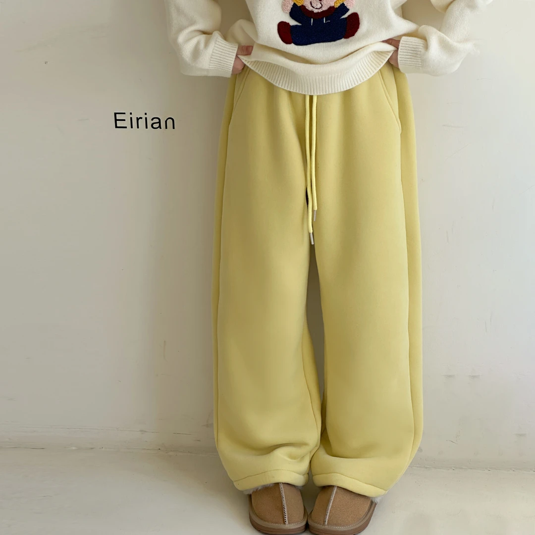 女童加绒裤子冬季2025新款加厚羊羔绒直筒裤中大童一体绒黄色卫裤