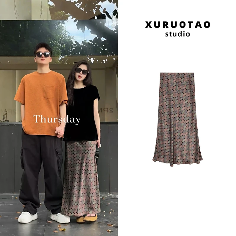 XURUOTAO【素锦】100人丝中古印花设计感显瘦花色半身裙 T5437