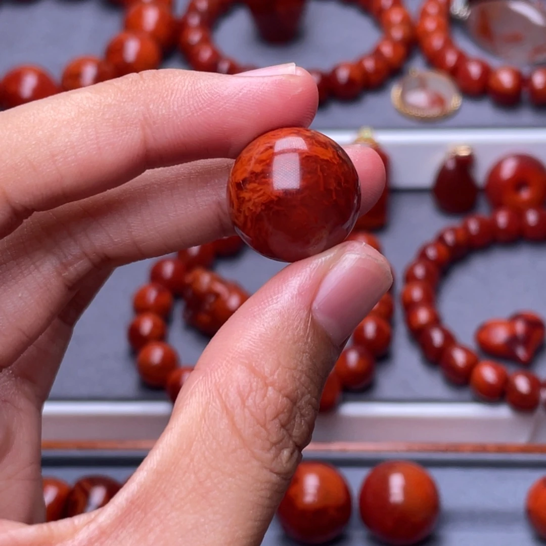 h***j南红玛瑙其他未镶嵌精品18mm玫瑰红火焰单珠
