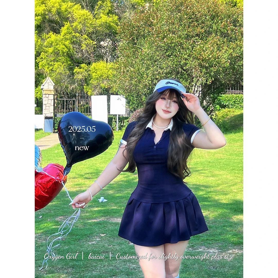 白菜【氧气少女】大码微胖mm短袖polo领连衣裙夏季新品收腰短裙女