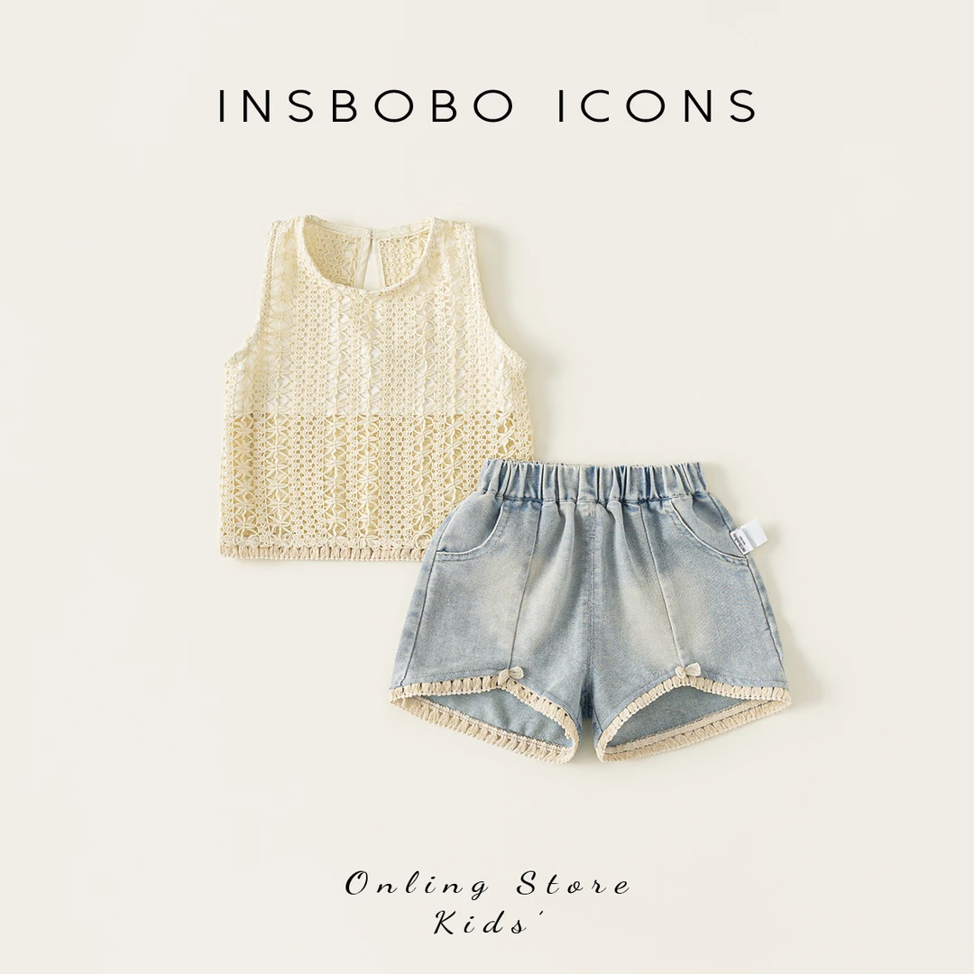 INSbobo儿童夏季套装民族风针织镂空背心蕾丝边牛仔短裤XT25148