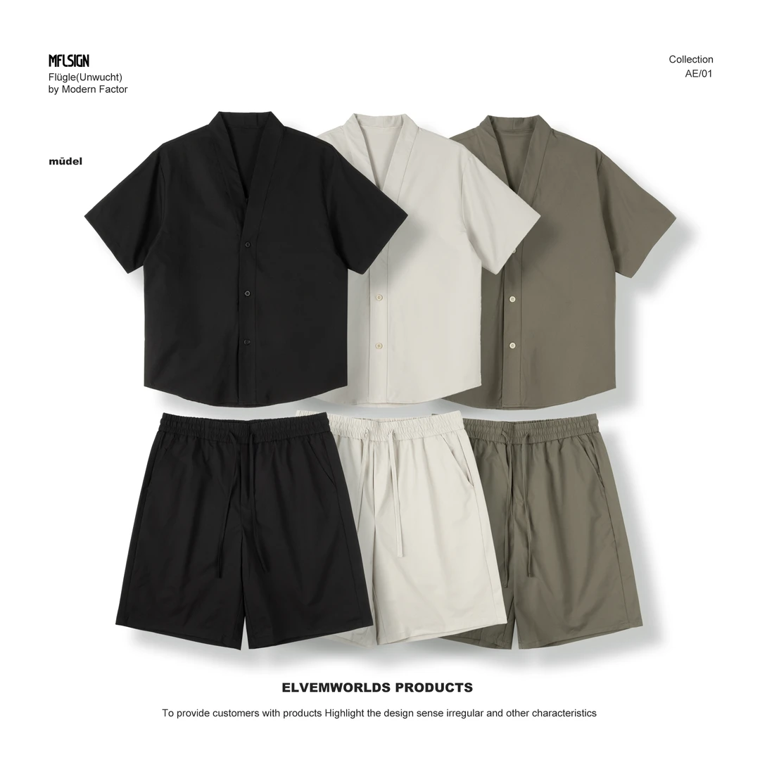 【断码清仓】男士夏季V领短袖衬衫外套休闲套装短裤设计感宽松速干