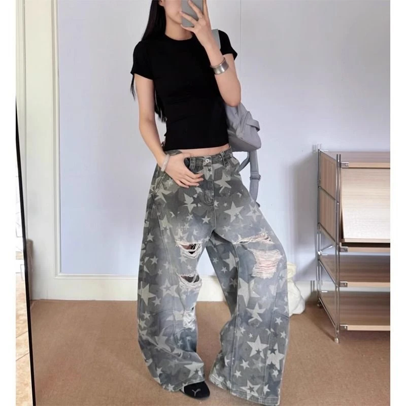 美式街头星星花纹做旧破洞弯刀牛仔裤复古宽松休闲阔腿帅气长裤潮