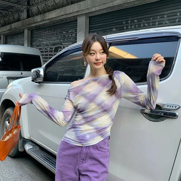 法式绝美一字肩格纹修身显瘦雪纺衫女C3030